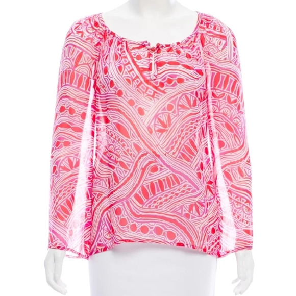 Trina Turk Silk Printed Peasant Blouse Retro Mod - Picture 1 of 8